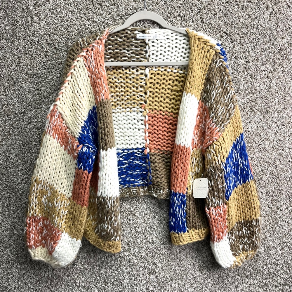 Altar'd State Cardigan Sweater Women's L Atlas Multi Chunky Knit Patchwork NWT - Picture 1 of 8